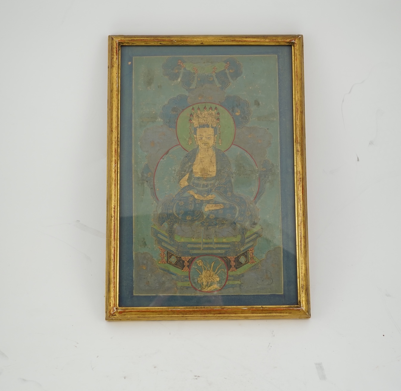 Sino-Tibetan School , (18th century or earlier), Bodhisattva seated on a throne, Painted thangka, 37cm x 22cm, gilt framed